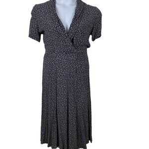 Liz Claiborne Sz Petite 10 Midi Dress Floral Short Sleeve V Neck Navy Blue Brown